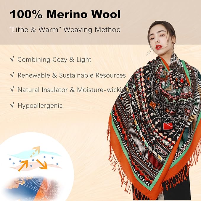 DANA XU 100% Merino Wool Pashmina Shawl for Women 96"x43", Oversized Cashmere Wrap with Tassels, Floral Travel Blanket Cape