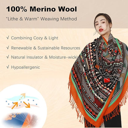 DANA XU 100% Merino Wool Pashmina Shawl for Women 96"x43", Oversized Cashmere Wrap with Tassels, Floral Travel Blanket Cape