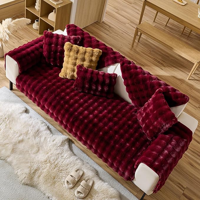 Christmas Faux Fur Decorative Throw Pillow Cover Plush Thick Bubble Pillow Covers Luxury Soft Cozy Accent Pillowcase for Spring Sofa Living Room Couch Bed (Wine Red,18"x18")