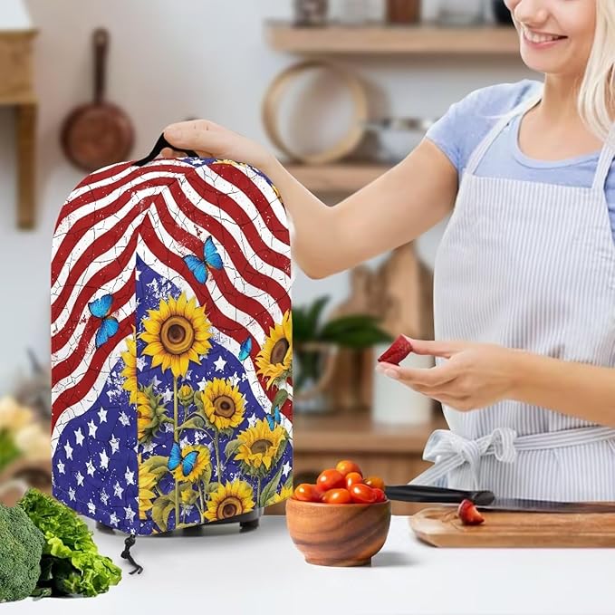 American Flag Sunflower Blender Dust Cover Stand Mixer or Coffee Maker Appliance Covers with Drawstring, Anti Fingerprint Dust Proof Stain Resistant Blender Cover for Kitchen