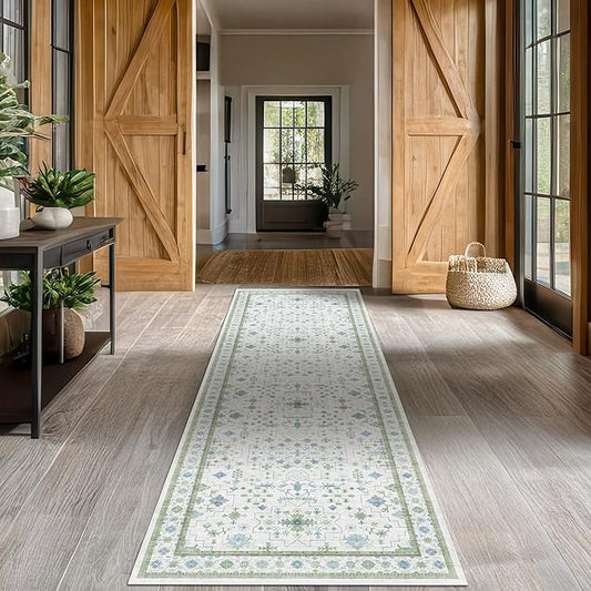 Oushak Runner 2x10 Hallway Rug - Floral Pastel Boho, Washable Low Pile Non Slip Extra Long Runner Rugs for Kitchen, Hall Way - Cream Blue and Green