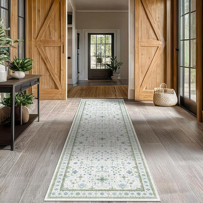 Oushak 3x20 Wide Hallway Runner Rug - Vintage Turkish Floral, Washable Low Pile Non Slip 20ft Extra Long Runners for Large Kitchen, Hall Way - Blue and Green Décor