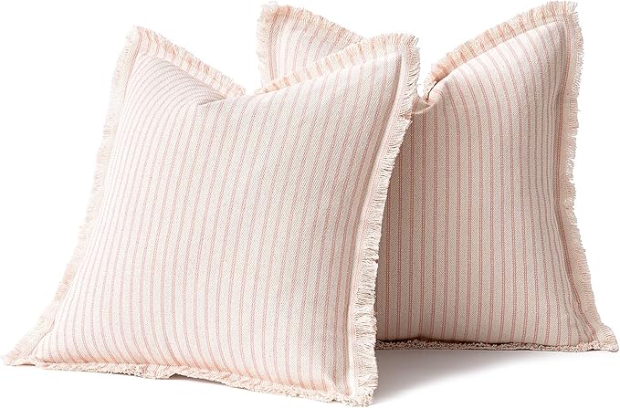 MIULEE Pack of 2 Pink Pillow Covers 24x24 Inch Striped Farmhouse Couch Throw Pillow Covers with Fringe Chic Cotton Decorative Cushion Eruo Sham for Sofa Living Room Bed Outdoor Home Decor