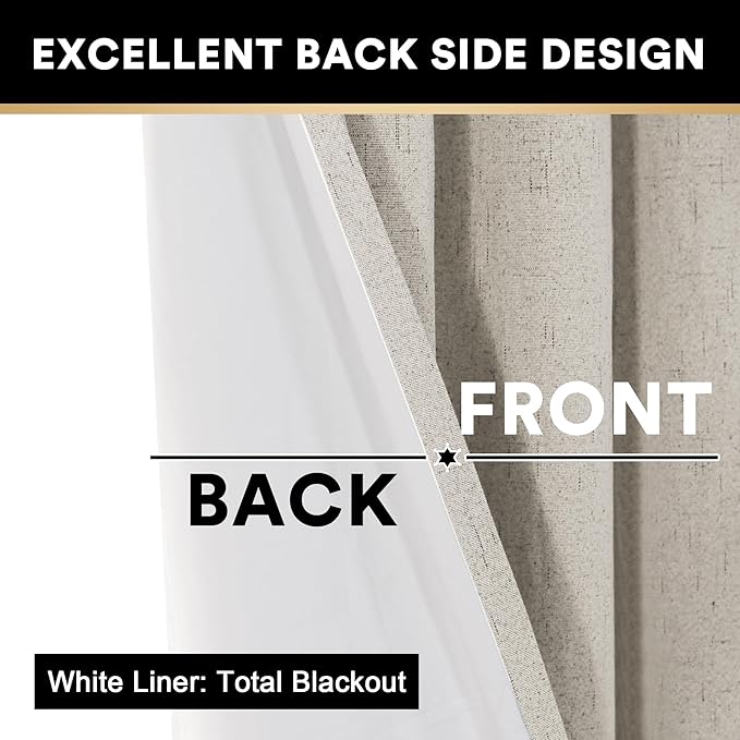 PrinceDeco 100% Blackout Curtains Linen Blackout Curtains 108 Inches Long Room Divider Curtains for Bedroom/Living Room Patio Curtains Thermal Insulated with White Liner,W100 X L108,Stone