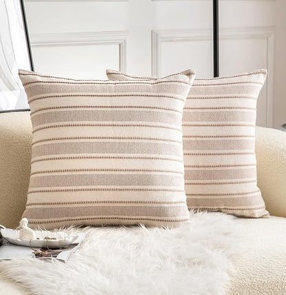 Decorative Boho Throw Pillow Covers, Farmhouse Textured Pillow Case, 20 x 20 Inch Set of 2, Chair Sofa Bedroom Living Room Home Decor Couch Cushion Case, Taupe and Beige Striped