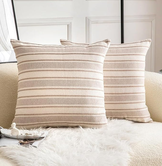 Decorative Boho Throw Pillow Covers, Farmhouse Textured Pillow Case, 22 x 22 Inch Set of 2, Chair Sofa Bedroom Living Room Home Decor Couch Cushion Case, Taupe and Beige Striped