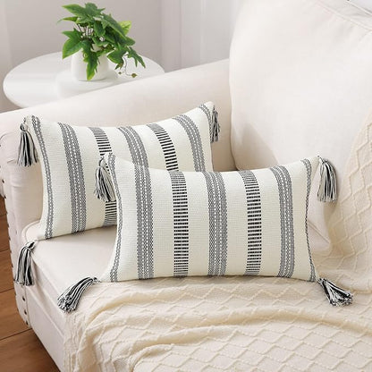 Smile Bee Boho Outdoor Couch Throw Pillow Covers Set of 2, Decorative Lumbar Thick Woven Striped Accent Neutral Pillow Covers with Tassels for Bed Sofa Home Decor, 12x20 Inch, Black and Cream White