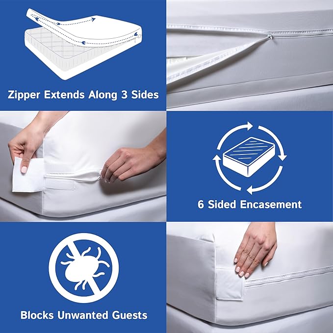 Queen Size Mattress Protector Bedbug Waterproof Zippered Cover Hypoallergenic Premium Quality Encasement White