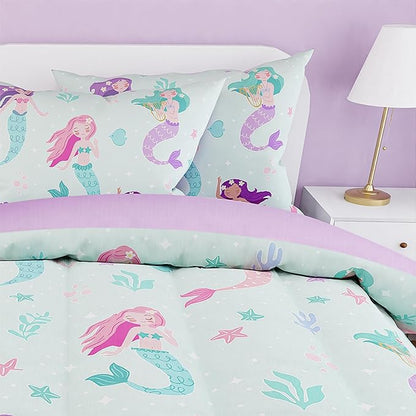 SANDJEST Mermaid Comforter Set Twin Size 68x86in for Kids Girls, Microfiber 3 Pcs Bedding Set Includes 1 Comforter, 1 Pillowcase, 1 Fitted Sheet, Nursery Room Decor