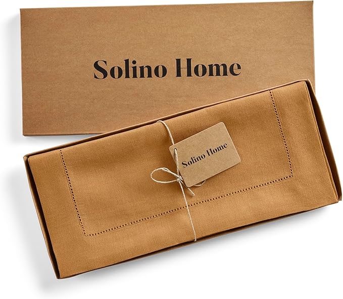 Solino Home Linen Brown Sugar Table Runner 108 Inches Long - 100% Pure Linen 14 x 108 Inch Table Runner - Classic Hemstitch