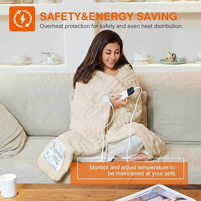 Heated Electric Blanket Throw: 6-Level Fast Heating, 4-Hour Auto-Off, Soft&Warm Stripe Faux Rabbit Fur, for Couch Home Office, with Overheating Protection & ETL Certified (50 x 60,Khaki)
