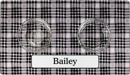 Drymate Personalized Pet Bowl Placemat, Custom Dog & Cat Food Feeding Mat - Absorbent Fabric, Waterproof Backing - Machine Washable/Durable (USA Made) (16" x 28") (Black Paw Plaid)