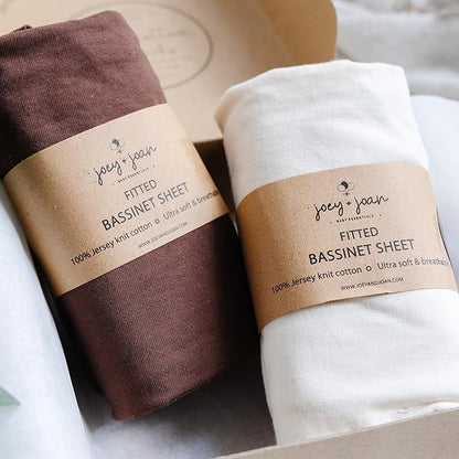 Joey + Joan Bassinet Fitted Sheets 19" x 32" for Cowiewie Bedside Sleeper Bassinet Mattress Pad – Snuggly Soft 100% Jersey Cotton – Cream + Brown – 2 Pack