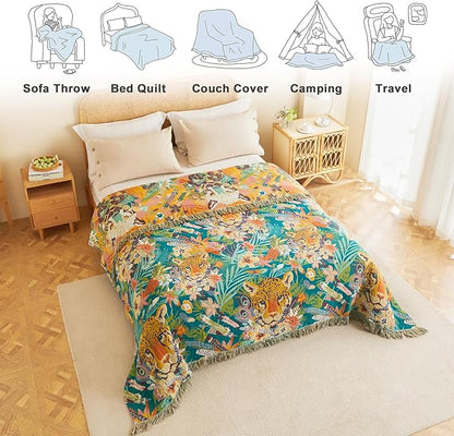 MSGKV Throw Blanket for Couch Bed Cotton Leopard Animals Twin Size Blanket 60"x80" Muslin Breathable All Seasons Lightweight Farmhouse Blankets