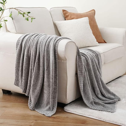 BATTILO HOME Light Grey Throw Blanket for Couch, Soft Knitted Chenille Throw Blanket for Sofa, Chair, Living Room, Cozy Gray Throw Blankets for Bed,51"x67"