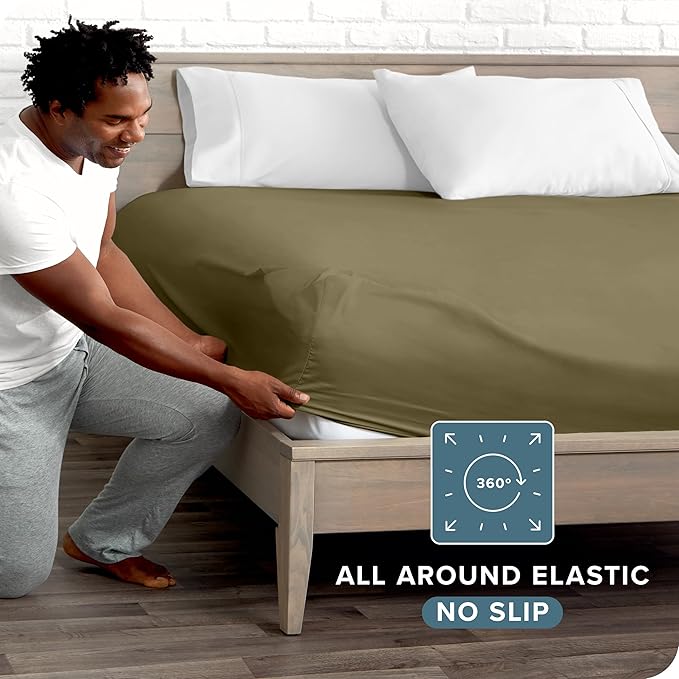 Bare Home Fitted Bottom Sheet Queen Size - Premium 1800 Microfiber - Ultra-Soft Hotel Luxury - Deep Pocket - Durable and Long Lasting (Queen, Olive)