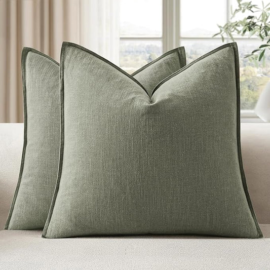 EMEMA Throw Pillow Covers Decorative Linen Pillow Covers 20x20 Inch Light Olive Green Boho Farmhouse Neutral Couch Throw Pillows for Bed Pack of 2 Accent Pillowcase Modern Sofa Cushion Livingroom Home
