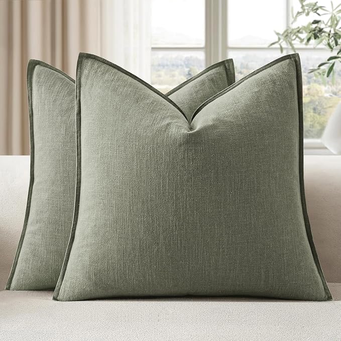 EMEMA Throw Pillow Covers Decorative Linen Pillow Covers 18x18 Inch Light Olive Green Boho Farmhouse Neutral Couch Throw Pillows for Bed Pack of 2 Accent Pillowcase Modern Sofa Cushion Livingroom Home