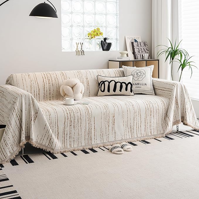 Chenille Couch Cover Pet Friendly, Sofa Cover Washable, Reversible Sofa Slipcover for Sectional Sofa, Loveseat, 2 or 3 Cushion Couch, Corner Sofa, Futon Cover (71" X 150", Khaki)