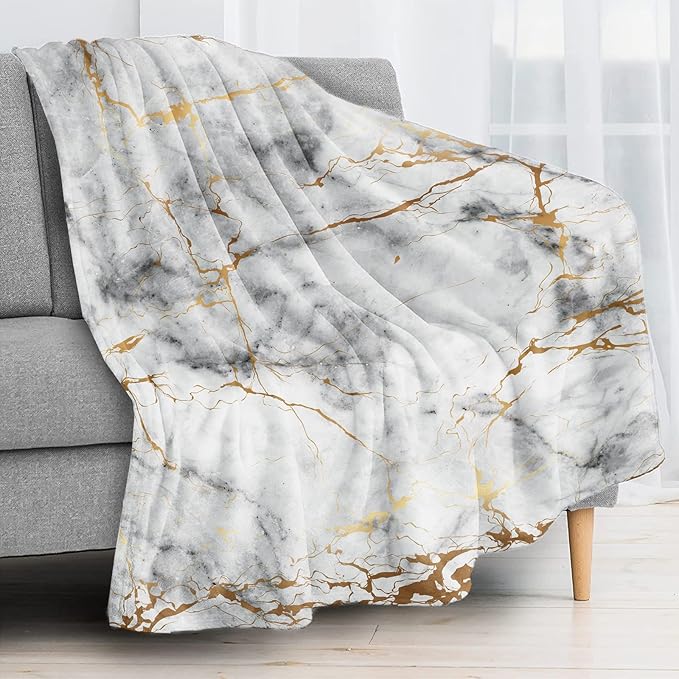 Gold Marble Throw Blanket for Couch, Super Soft Fuzzy Throws Warm Comfortable Plush Fleece Blanket, Fashion Decorative Flannel Fleece Blanket for All Season(60 x 80 in, Gold Marble)
