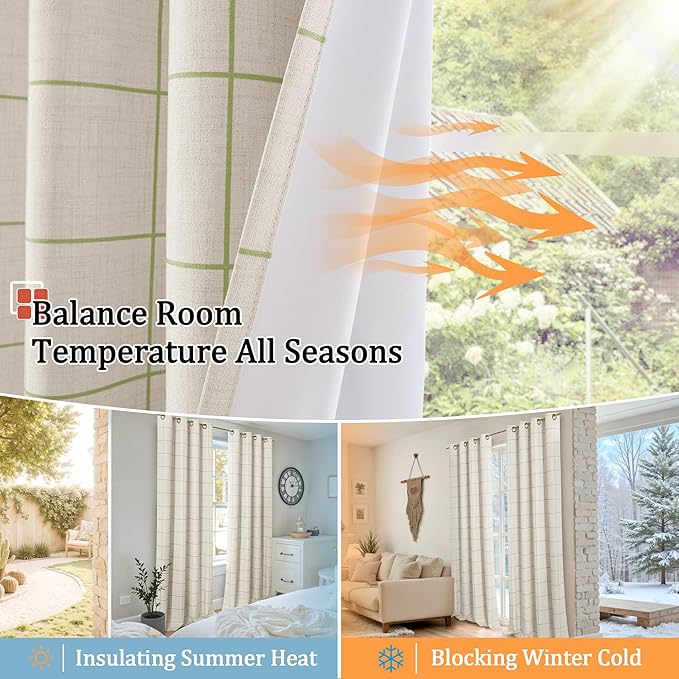 Sage Green Linen Blackout Curtains for Living Room - Boho Plaid Pattern Thermal Insulated Grommet Cottage Core Window Treatments Rustic Drapes for Farmhouse, 52x84 Inch 2 Panels