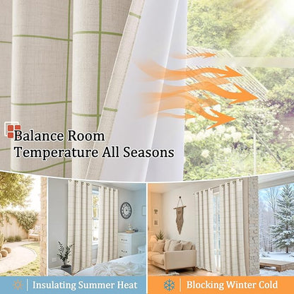 Sage Green Linen Blackout Curtains for Living Room - Boho Plaid Pattern Thermal Insulated Grommet Cottage Core Window Treatments Rustic Drapes for Farmhouse, 52x84 Inch 2 Panels