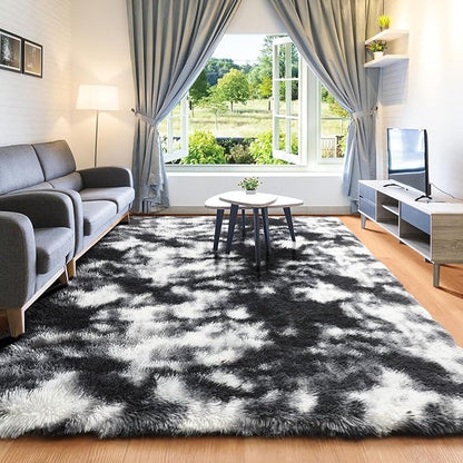 ONASAR Black and White Area Rugs for Living Room Bedroom, 5x8 Fluffy Rug, Washable Soft Plush Shag Floor Carpet for Nursery Kids Girls Boys Teen Baby Dorm Bedside Playroom Indoor Home Decor Aesthetic
