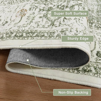 LIVEBOX Washable Area Rug 3x5 - Vintage Tribal Non-Slip Indoor Rugs for Kitchen Entryway, Low-Pile Front Door Mat Print Distressed Accent Throw Rug for Bedroom Entry Foyer Laundry Room, Sage