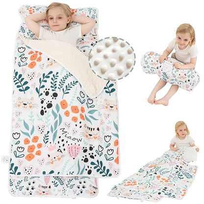 Viviland Toddler Nap Mat with Pillow and Minky Dot Blanket, Rolled Sleeping Mats/Slumber Bag, Large Thick Kids Nap Mat for Preschool, Daycare, Kindergarten, Travel Camping -Cute Cat