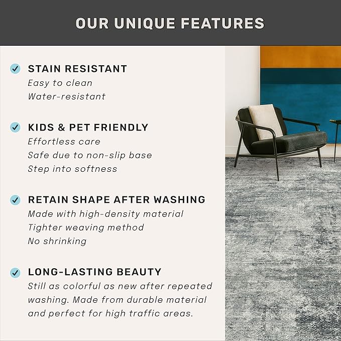 Farmhouse Gray and Blue Rugs for Living Room 8x10 - Modern Cool Unique Area Rug for Dining Room, Large Bedroom, Washable Foldable Dark Academy Décor
