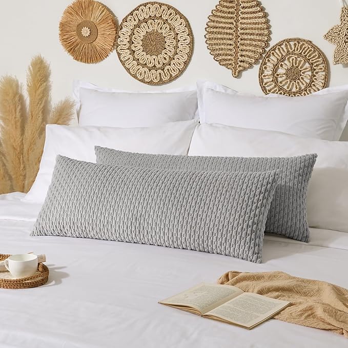 Kevin Textile 20x54 Inch Long Body Lumbar 1 Pack Boho Decorative Throw Pillow Cover Soft Striped Corduroy Rectangle Cushion Case Farmhouse Accent for Living Room Couch Sofa Bed, Light Grey