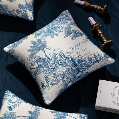 patdrea Designer Square Throw Pillow Covers Set of 2,Rustic Linen with Chinoiserie Blue Scenery Pattern Pillows Cover,Decorative Pillowcases Cushion for Bed Living Room Outdoor Car,18 x18 Inches