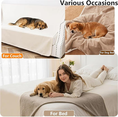 Waterproof Blanket for Bed, Leak Proof Dog Couch Blankets Reversible, Pet Throw Sofa Furniture Protector Machine Washable-82 x120,Beige+Khaki