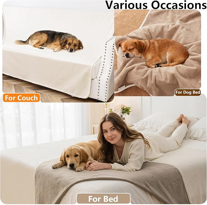 Waterproof Blanket for Couch, Leak Proof Dog Bed Blankets Reversible, Pet Throw Sofa Furniture Protector Machine Washable-68 x82,Beige+Khaki