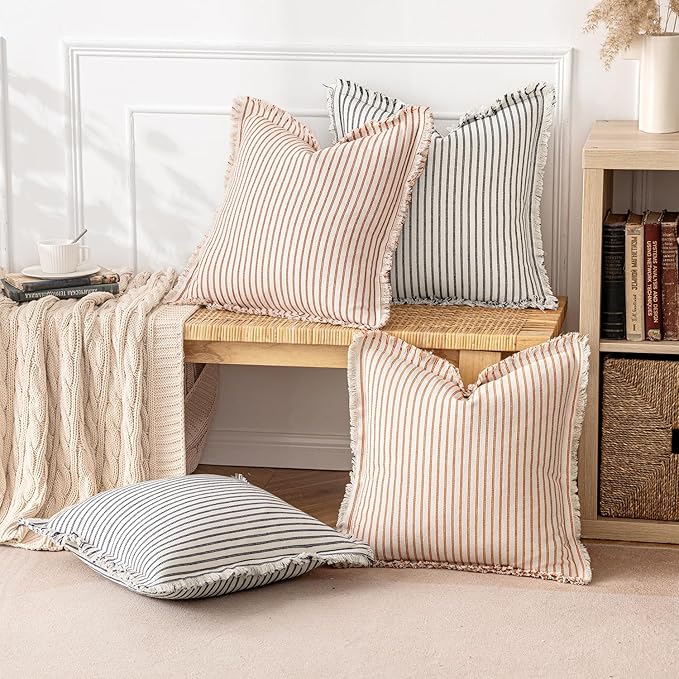 MIULEE Pack of 2 Rust Pillow Covers 24x24 Inch Striped Farmhouse Couch Throw Pillow Covers with Fringe Chic Linen Decorative Cushion Eruo Sham for Sofa Living Room Bed Outdoor Home Decor