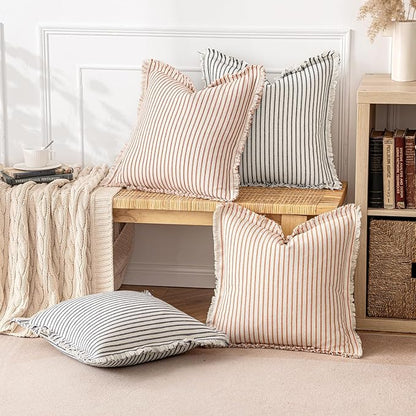MIULEE Pack of 2 Rust Pillow Covers 26x26 Inch Striped Farmhouse Couch Throw Pillow Covers with Fringe Chic Linen Decorative Cushion Eruo Sham for Sofa Living Room Bed Outdoor Home Decor