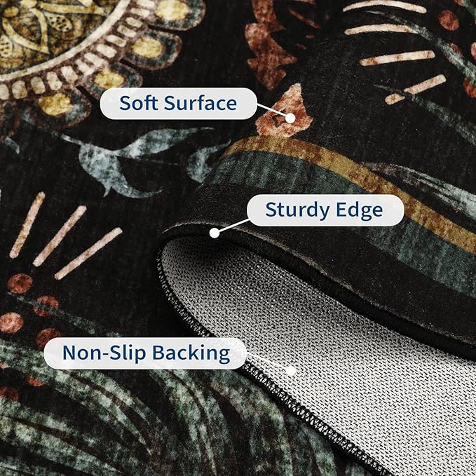 GarveeHome 5x7 Floral Washable Area Rug: Large Living Room Area Rug with Non-Slip Backing Washable Ultra Soft Bedroom Floral Carpet Indoor Stain Resistant Carpet for Dining Room 5 * 7 ft Black