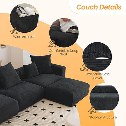 JACH Modern Corduroy Sectional Couch, Modular Sectional Sofa with Chaise Ottoman, Cushion Covers Removable, Oversized Deep Seat Soft Couches for Living Room, Office (Black)