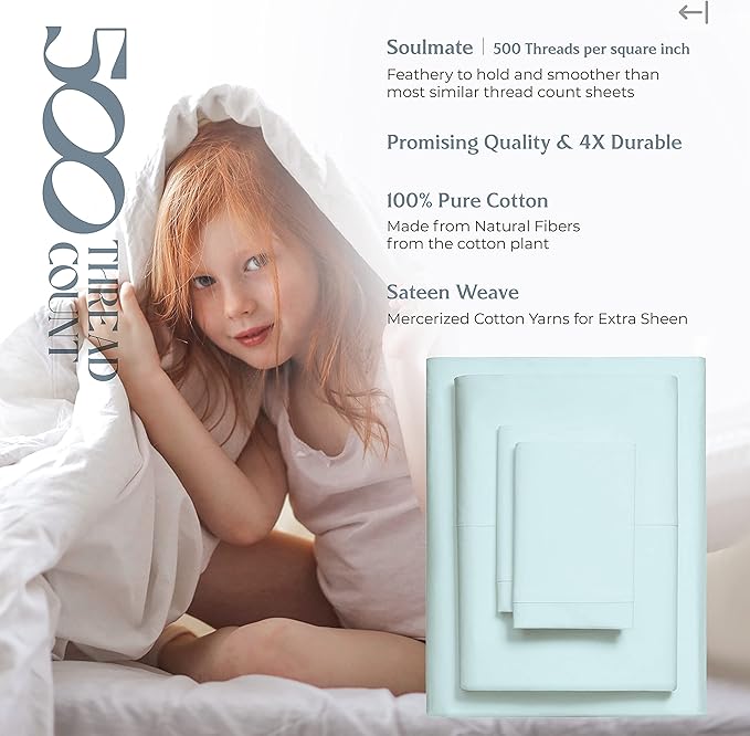 Mayfair Linen 500 Thread Count California King Cotton Sheets - 4 PC Cal King Size Bed Sheet Set Cotton (Sea Foam), Soft, Cooling, Sateen 16" Deep Pocket Bedsheet for Hot Sleepers (Fits 18" Mattress)