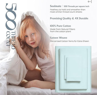 Mayfair Linen 500 Thread Count 100% Cotton Sheets King Size Bed Set - 4 PC King Bed Sheet Set Cotton (Sea Foam), Soft, Cooling, Sateen 16" Deep Pocket Bedsheet for Hot Sleepers (Fits 18" Mattress)