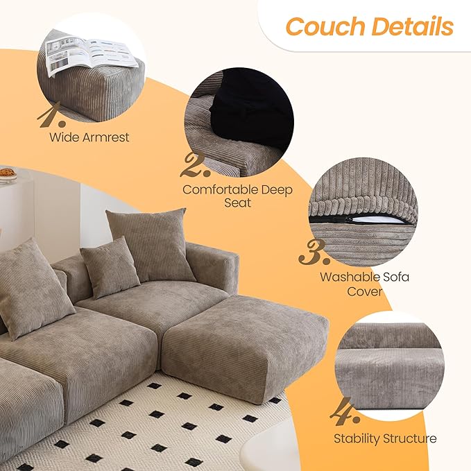 JACH 181" Oversized Modular Sectional Sofa, U-Shaped Deep 4-Seats Sectional Couch with Chaise Ottomans, Huge Plus Convertible Sofas, Corduroy Minimalist Couches for Living Room, Light Brown