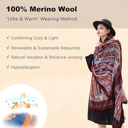 DANA XU 100% Merino Wool Extra Large Pashmina Blanket Travel Scarf Cashmere Wrap for Women Fall Winter Oversize Shawl Floral