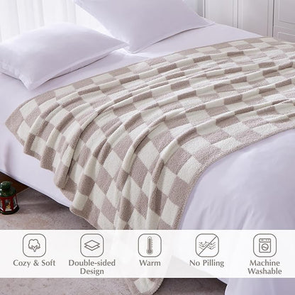 WRENSONGE Checkered Throw Blanket, Taupe Soft Cozy Fluffy Warm Hand Made Throw Blankets for Couch, Sofa, Chair, Bed, Camping, Picnic, Travel Lightweight Bed Blanket - 60"*80"