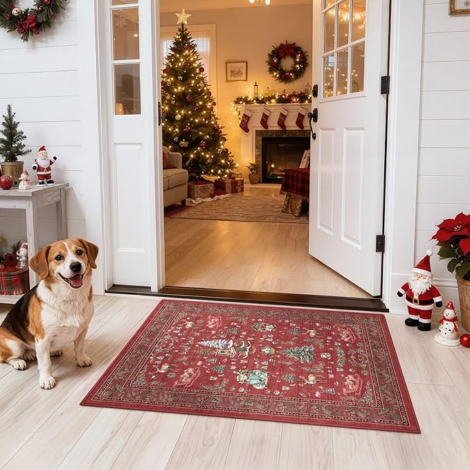 Christmas Living Room Area Rug 2x3 - Large Soft Washable Oriental Traditional Distressed Farmhouse Rugs for Bedroom - Indoor Floor Accent Carpet for Home Office House Decor - Red