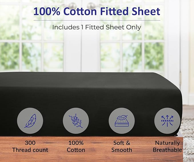 ROYALE LINENS 300 Thread Count 100% Long Staple Combed Cotton Fitted Sheet Queen - Super Soft Deep Pocket Bottom Sheet - Fitted Sheets Only - Elastic Sheets (Queen, Black)