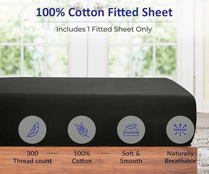 ROYALE LINENS 300 Thread Count 100% Long Staple Combed Cotton Fitted Sheet Full - Super Soft Deep Pocket Bottom Sheet - Fitted Sheets Only - Elastic Sheets (Full, Black)