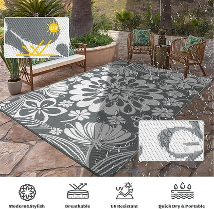 Ileading Outdoor Plastic Straw Rug 6x9ft Funny Floral Style Reversible Patio Area Rugs Waterproof Non Shedding Portable Carpets for Rv Outside Deck Pool Beach Picnic Camping (Grey)