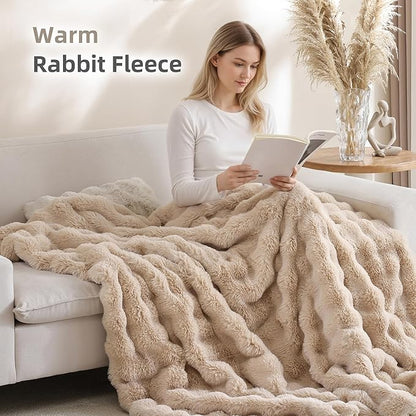 Smoofy Faux Fur Throw Blanket for Couch – Linen Fluffy Cozy Rabbit Fleece, Plush Soft Bubble Blanket for Sofa & Bed, for Mom, Warm Fuzzy Home Room Decor Throw 50" x 60"