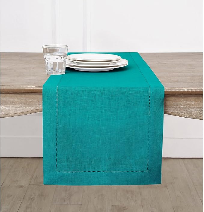 Solino Home Linen Table Runner 120 Inches Long - 100% Pure Linen Teal Table Runner 14 x 120 Inch for Christmas, New Year - Classic Hemstitch