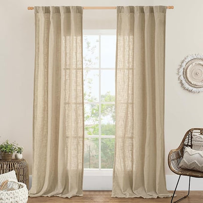 LAMIT Linen Blended Curtains for Bedroom, Faux Linen Textured Light Filtering Drapes Back Tab and Rod Pocket Boho Burlap Panels for Farmhouse/Living Room, 2 Panels, 38 x 84 Inch, Brown